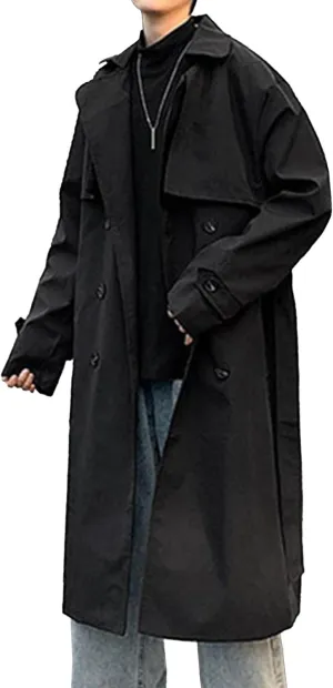 Man's Double Breasted Trench Coat Oversized Casual Windbreaker Casual Lapel Long Jacket Overcoat