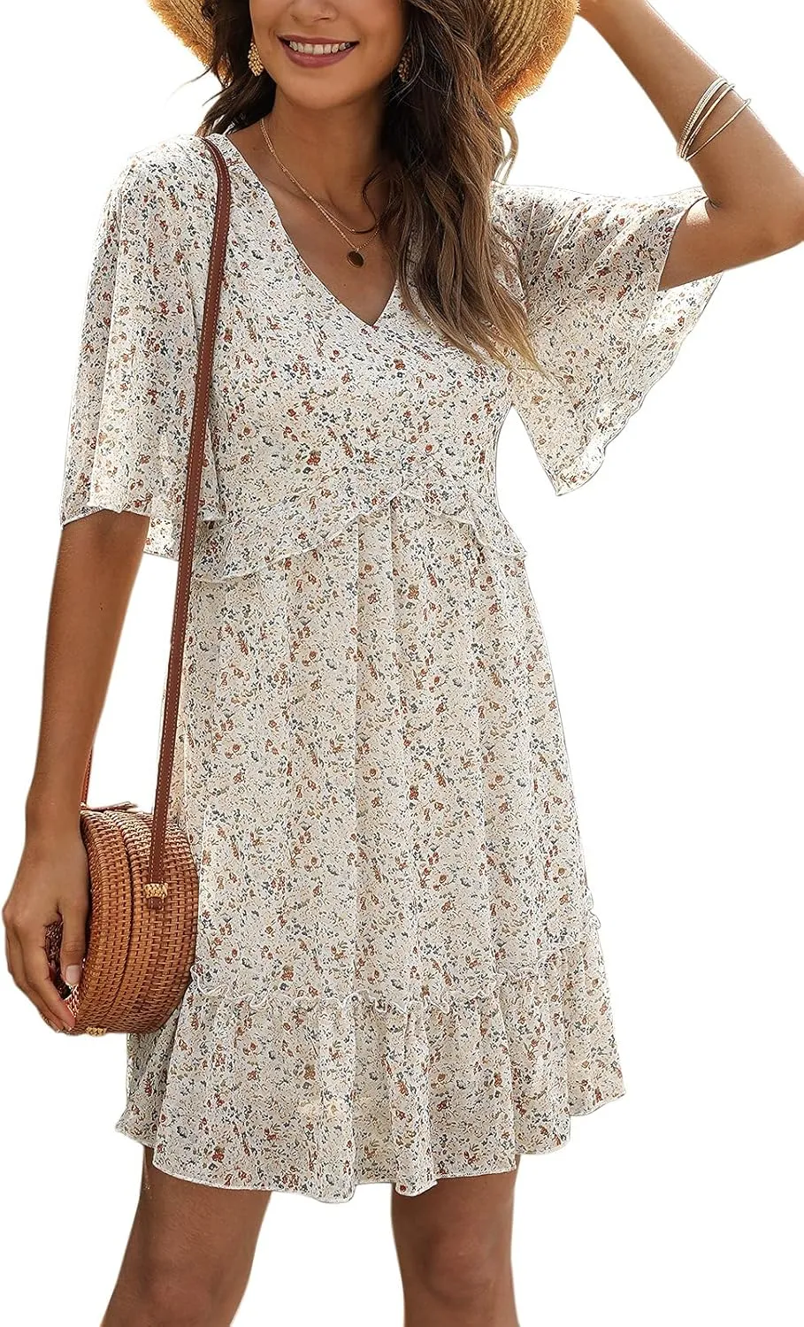 Manydress Women's Chiffon Floral Print V Neck Casual Mini Boho Ruffle Swing Dress MY068