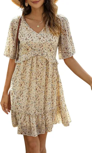 Manydress Women's Chiffon Floral Print V Neck Casual Mini Boho Ruffle Swing Dress MY068
