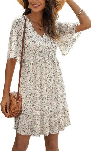 Manydress Women's Chiffon Floral Print V Neck Casual Mini Boho Ruffle Swing Dress MY068