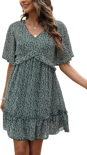 Manydress Women's Chiffon Floral Print V Neck Casual Mini Boho Ruffle Swing Dress MY068
