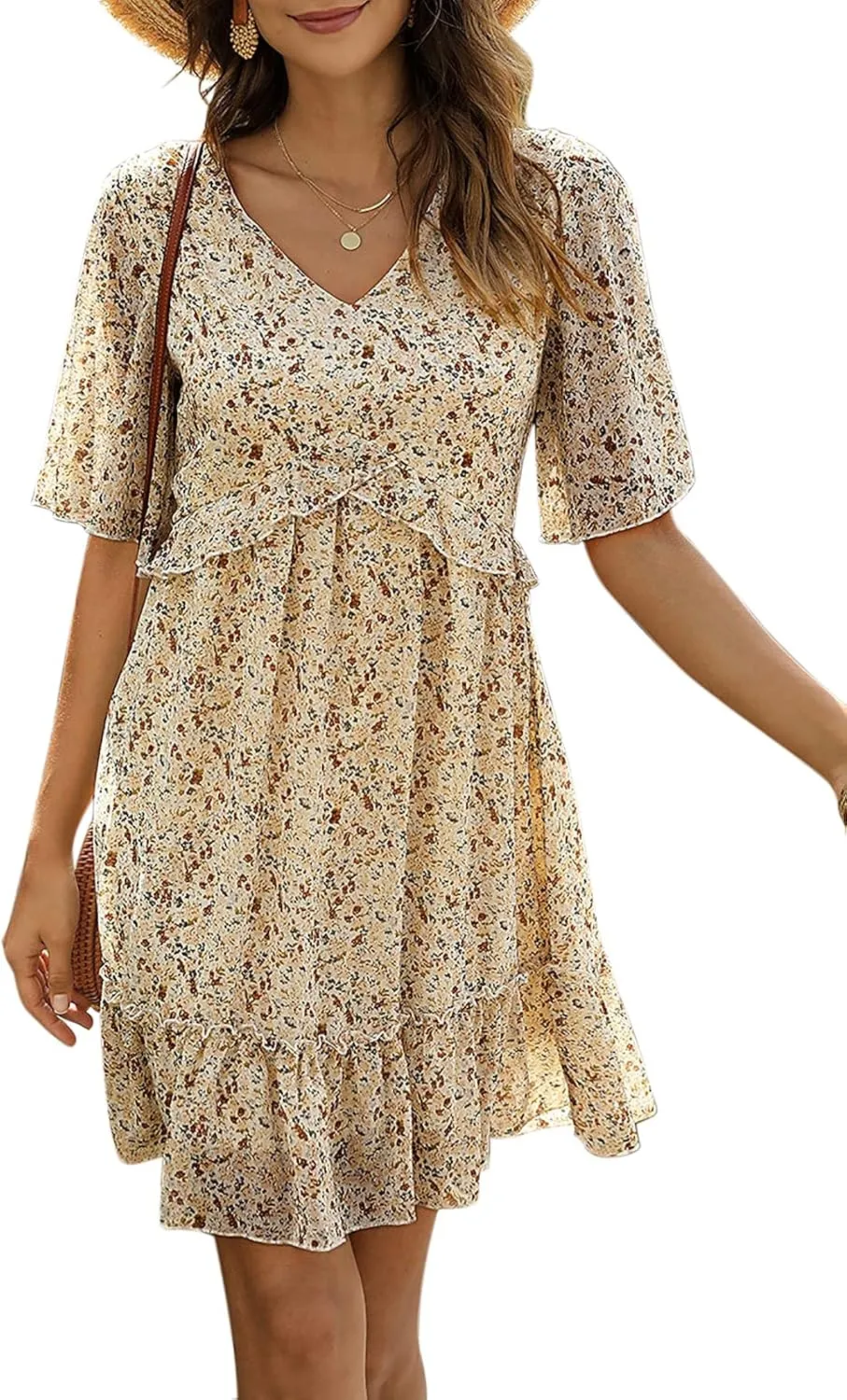 Manydress Women's Chiffon Floral Print V Neck Casual Mini Boho Ruffle Swing Dress MY068