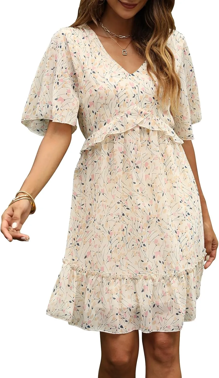 Manydress Women's Chiffon Floral Print V Neck Casual Mini Boho Ruffle Swing Dress MY068