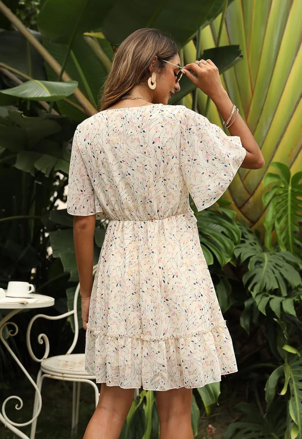 Manydress Women's Chiffon Floral Print V Neck Casual Mini Boho Ruffle Swing Dress MY068