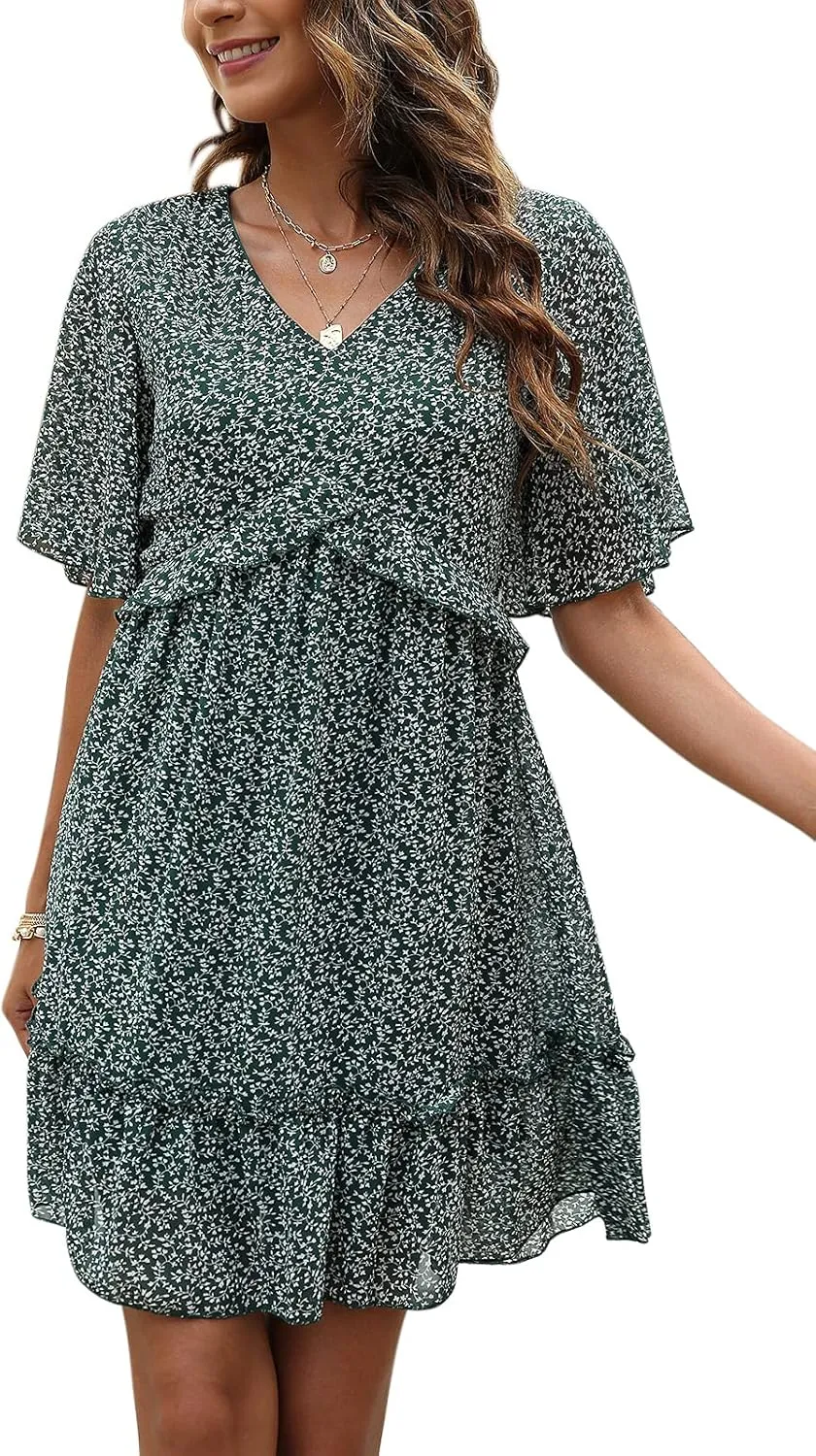 Manydress Women's Chiffon Floral Print V Neck Casual Mini Boho Ruffle Swing Dress MY068