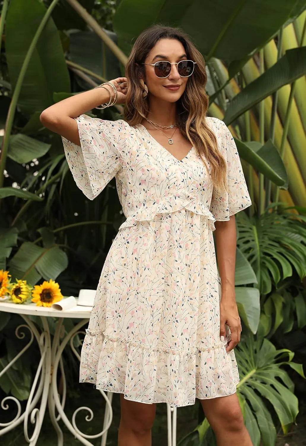 Manydress Women's Chiffon Floral Print V Neck Casual Mini Boho Ruffle Swing Dress MY068