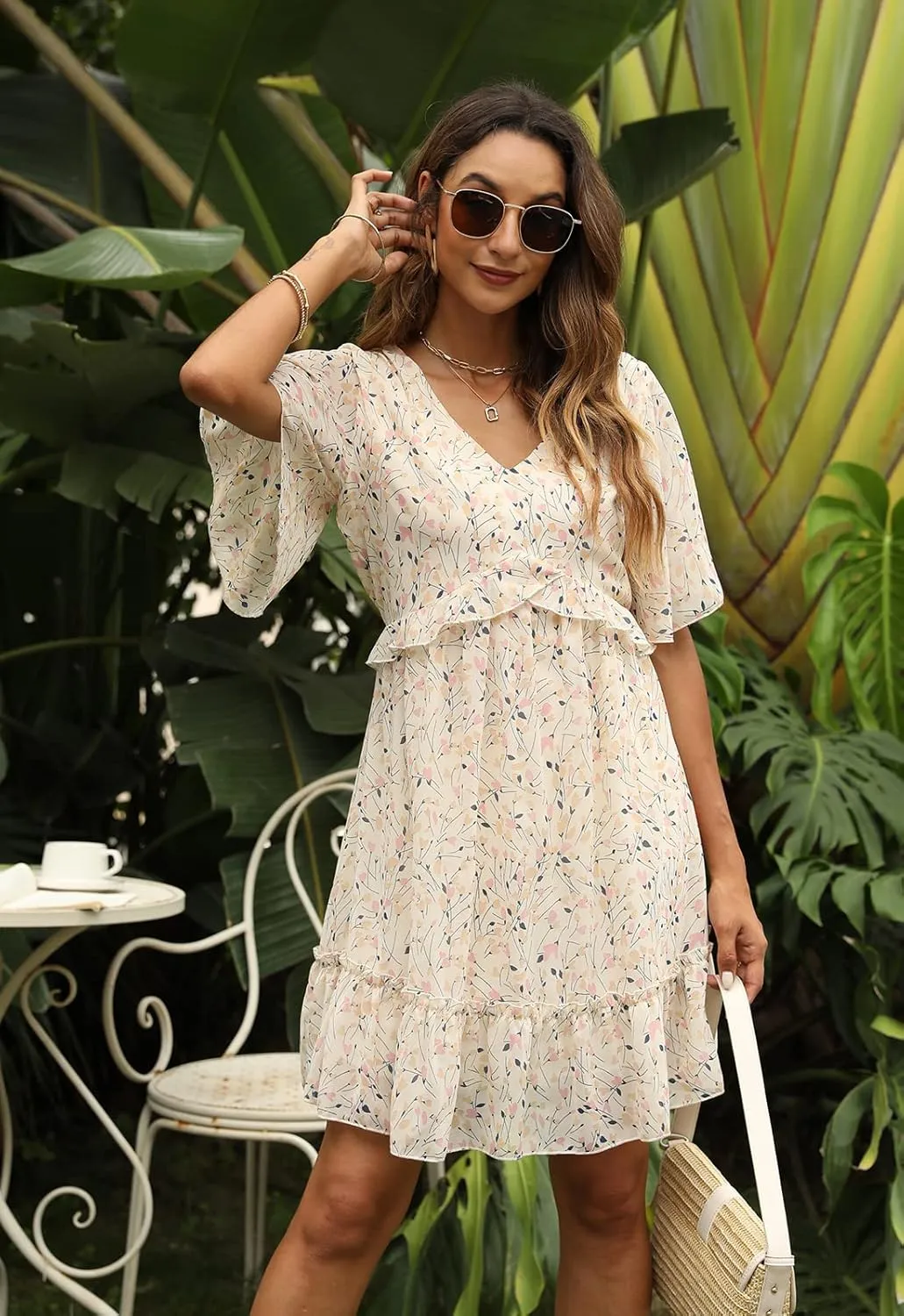 Manydress Women's Chiffon Floral Print V Neck Casual Mini Boho Ruffle Swing Dress MY068