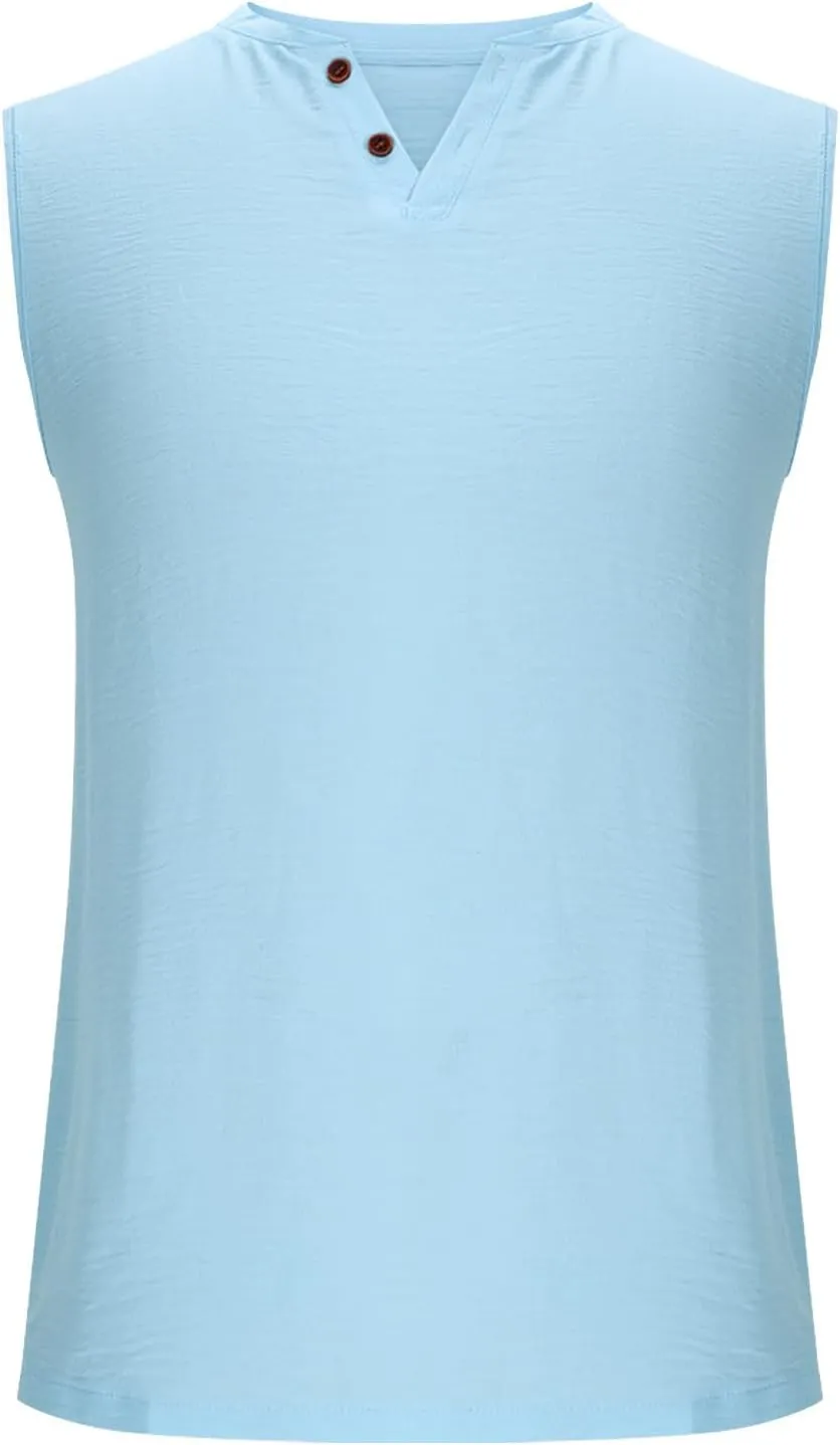 Men Casual Tanks V Neck Button Sleeveless Henley Shirts Basic Solid Color Tank Tops Summer Beach Vacation Muscle Vests