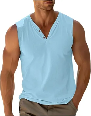 Men Casual Tanks V Neck Button Sleeveless Henley Shirts Basic Solid Color Tank Tops Summer Beach Vacation Muscle Vests