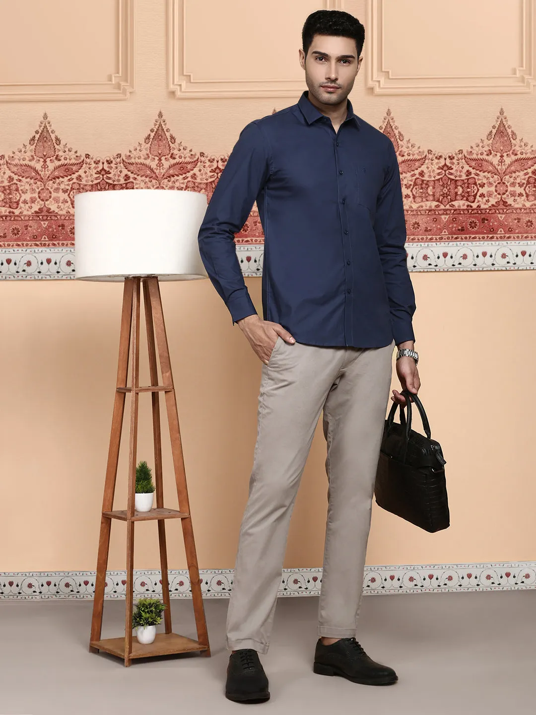 Men Cotton Spandex Shirt 2 Way Stretch Navy LY4