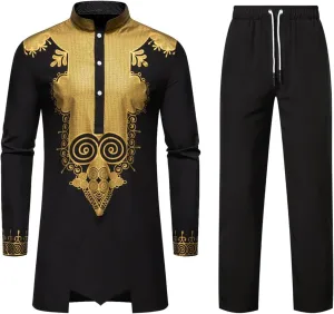Men's Africa Suit Retro Long Sleeve Graphic Musilm Thobe and Pants Outfit Middle East Islamic Traditional 2 Piece Set