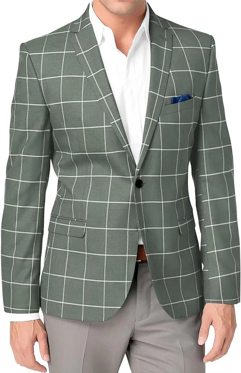 Mens Casual Suit Blazer One Button Slim Fit Men Plaid Sport Coats Lightweight Jacket Men Business Wedding Prom
