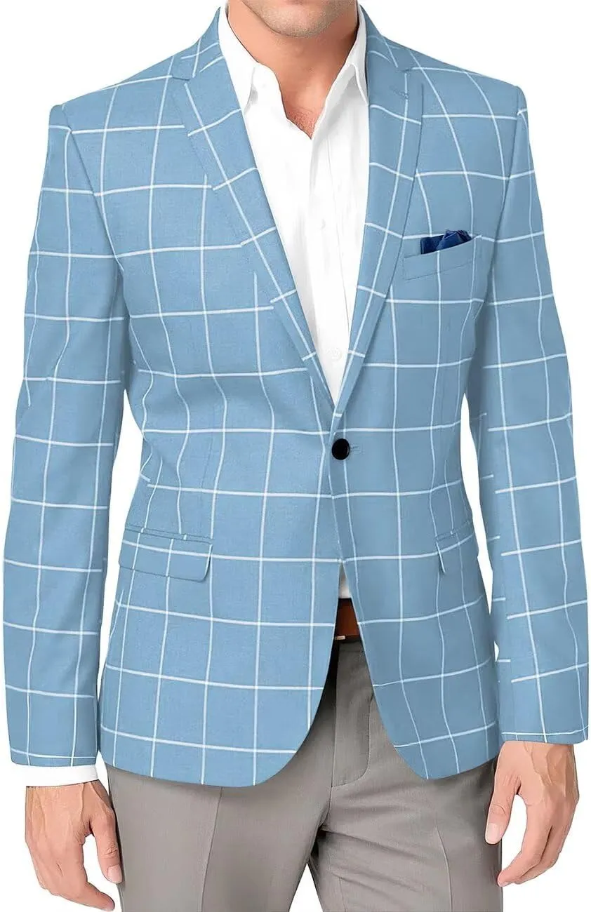 Mens Casual Suit Blazer One Button Slim Fit Men Plaid Sport Coats Lightweight Jacket Men Business Wedding Prom