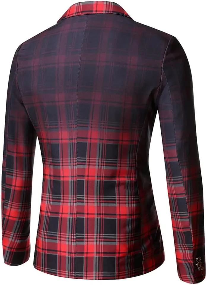 Mens One Button Blazers Jacket Patchwork Checked Business Casual Sports Coat