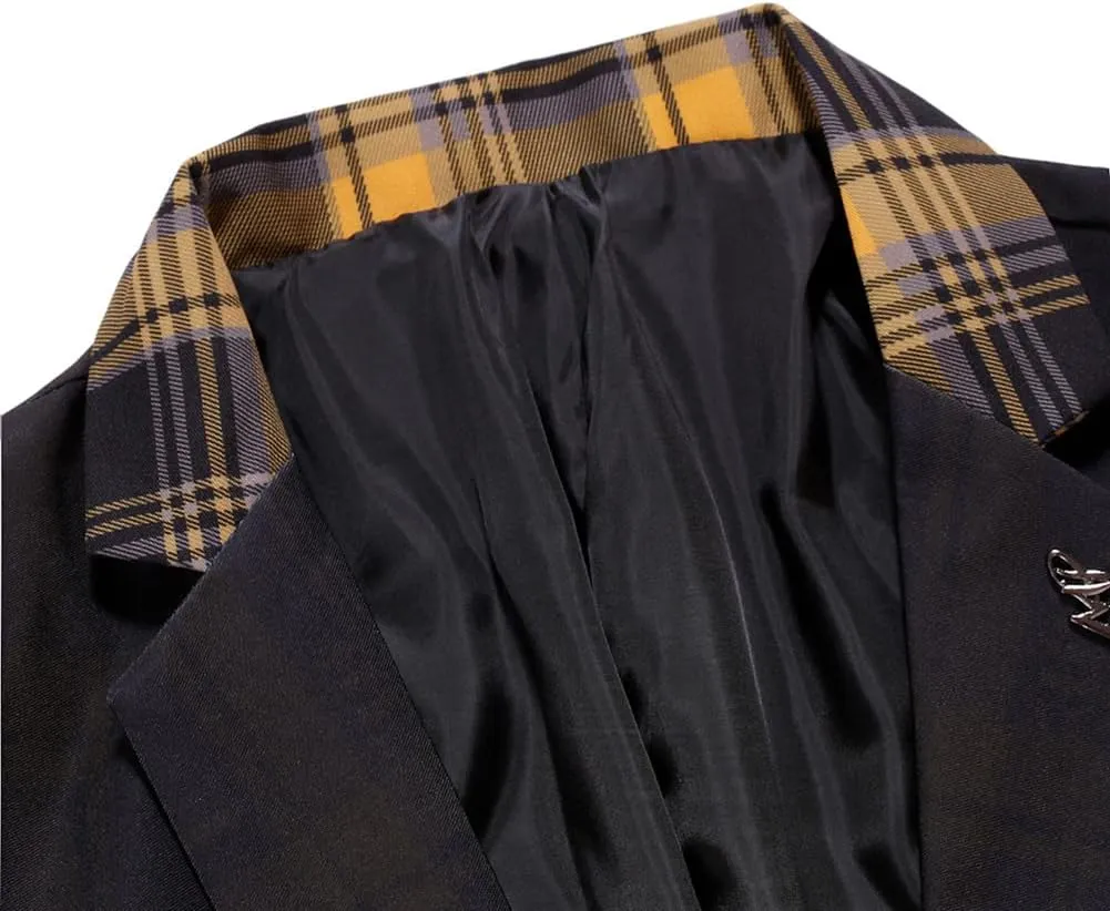 Mens One Button Blazers Jacket Patchwork Checked Business Casual Sports Coat
