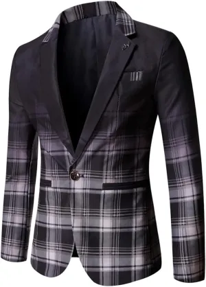 Mens One Button Blazers Jacket Patchwork Checked Business Casual Sports Coat