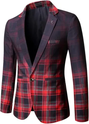 Mens One Button Blazers Jacket Patchwork Checked Business Casual Sports Coat