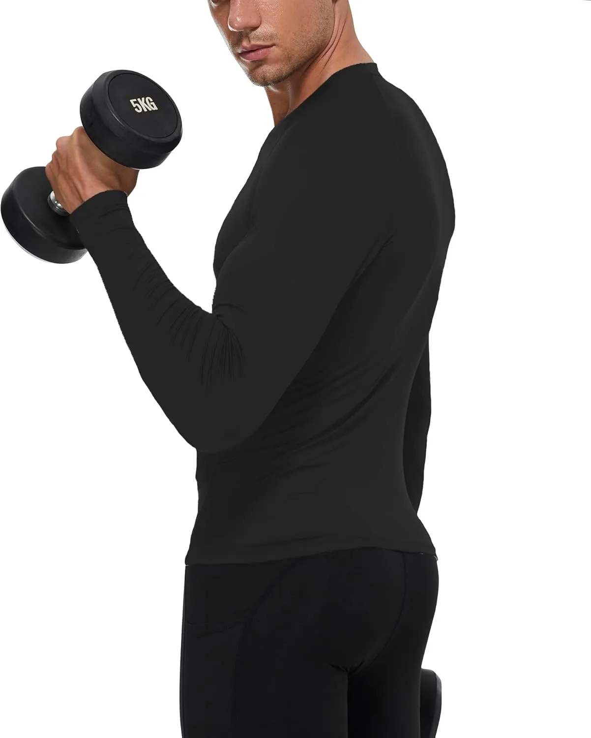 Men's Sports Base Layers, Athletic Long Sleeve Compression Thermal Undershirts Basic Crewneck Tops Slim Workout Shirts