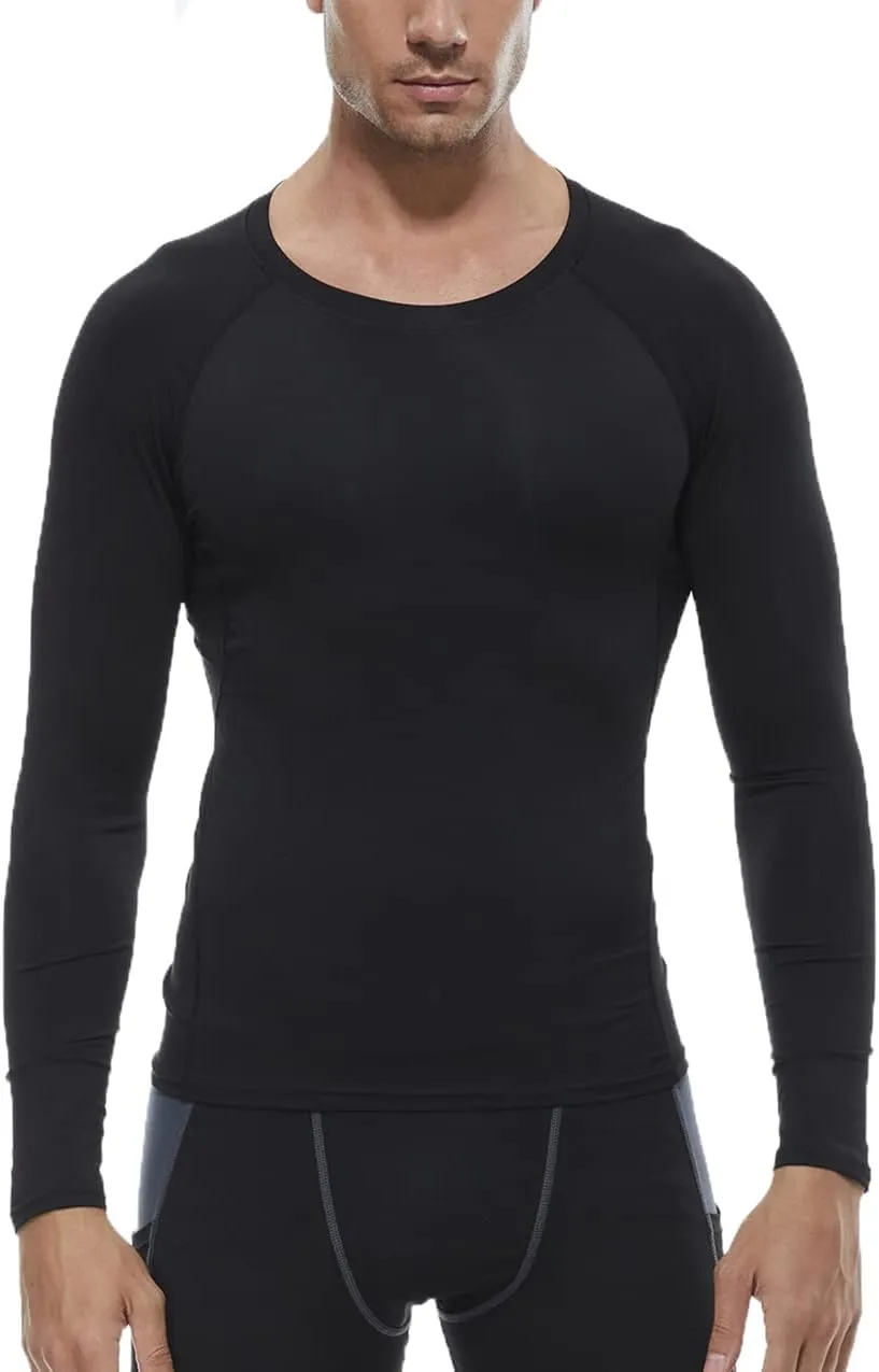 Men's Sports Base Layers, Athletic Long Sleeve Compression Thermal Undershirts Basic Crewneck Tops Slim Workout Shirts