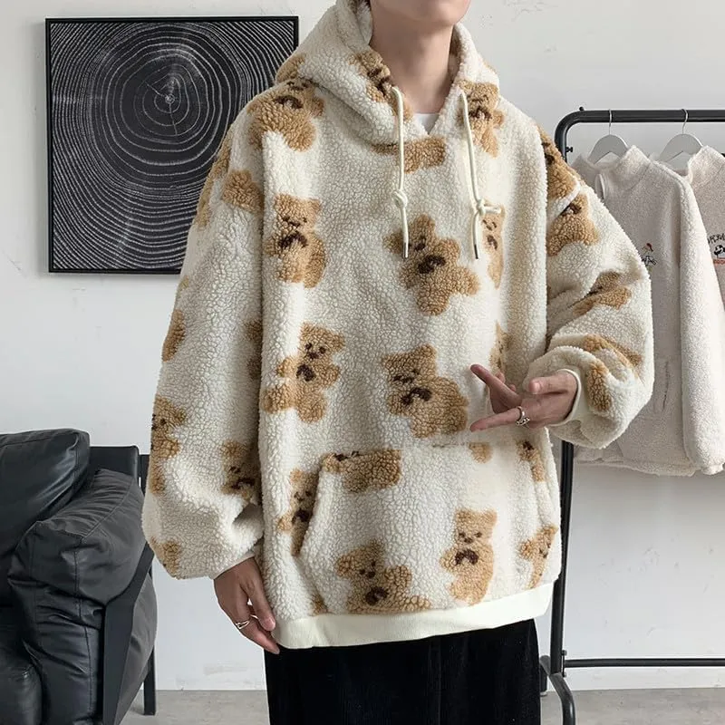 Mens Womens Cute Oversized Hoodies Kawaii Furry Bear Graphic Hoodies Y2k Vintage Harajuku Sweater Fluffy Sweatshirt