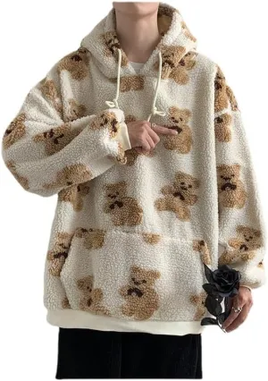 Mens Womens Cute Oversized Hoodies Kawaii Furry Bear Graphic Hoodies Y2k Vintage Harajuku Sweater Fluffy Sweatshirt
