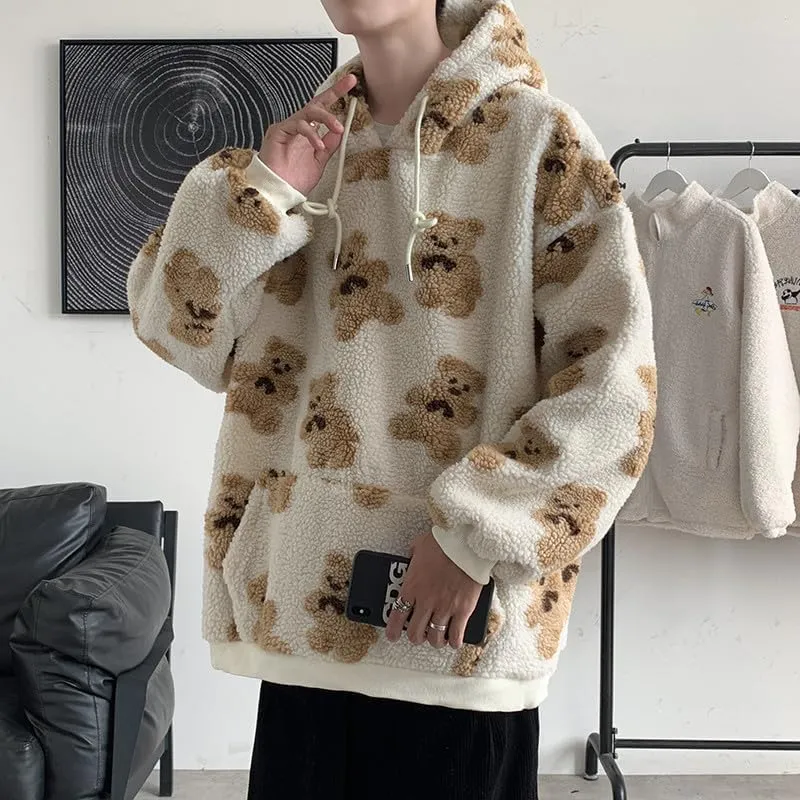 Mens Womens Cute Oversized Hoodies Kawaii Furry Bear Graphic Hoodies Y2k Vintage Harajuku Sweater Fluffy Sweatshirt