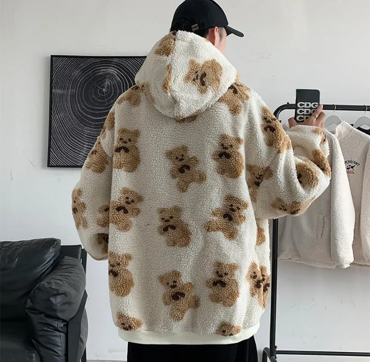 Mens Womens Cute Oversized Hoodies Kawaii Furry Bear Graphic Hoodies Y2k Vintage Harajuku Sweater Fluffy Sweatshirt