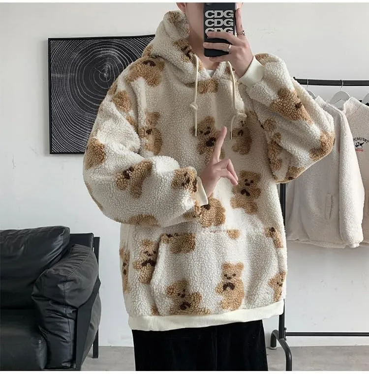 Mens Womens Cute Oversized Hoodies Kawaii Furry Bear Graphic Hoodies Y2k Vintage Harajuku Sweater Fluffy Sweatshirt