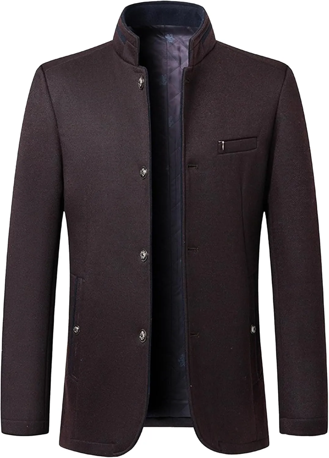 Mens Wool Blend Blazer Jacket Single Breasted Business Blazer Jacket Stand Collar Wool Blend Coat Wih Pockets