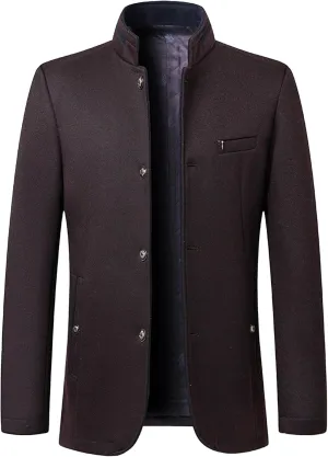 Mens Wool Blend Blazer Jacket Single Breasted Business Blazer Jacket Stand Collar Wool Blend Coat Wih Pockets