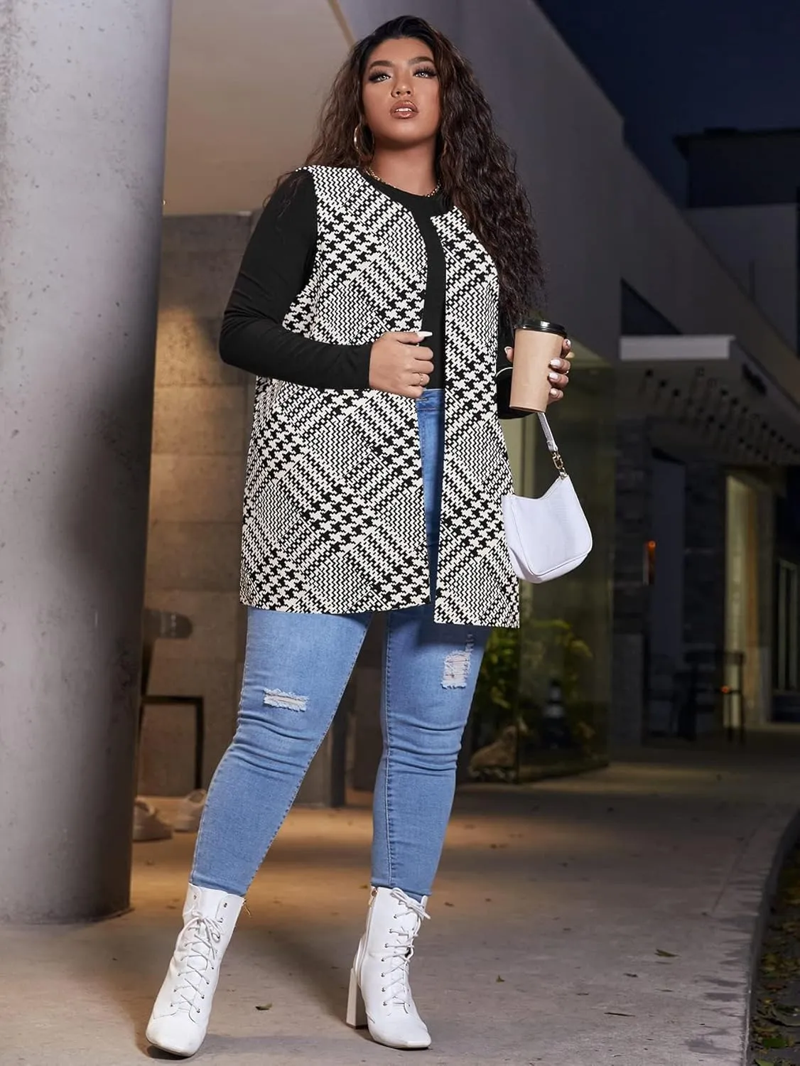 Milumia Women's Plus Size Printed Sleeveless Blazers Open Front Cardigan