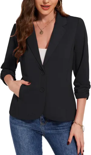 MINTLIMIT Blazers for Women Dressy Casual Ruched 3/4 Sleeve Lapel Button Work Office Cardigan Suit Jacket with Pockets