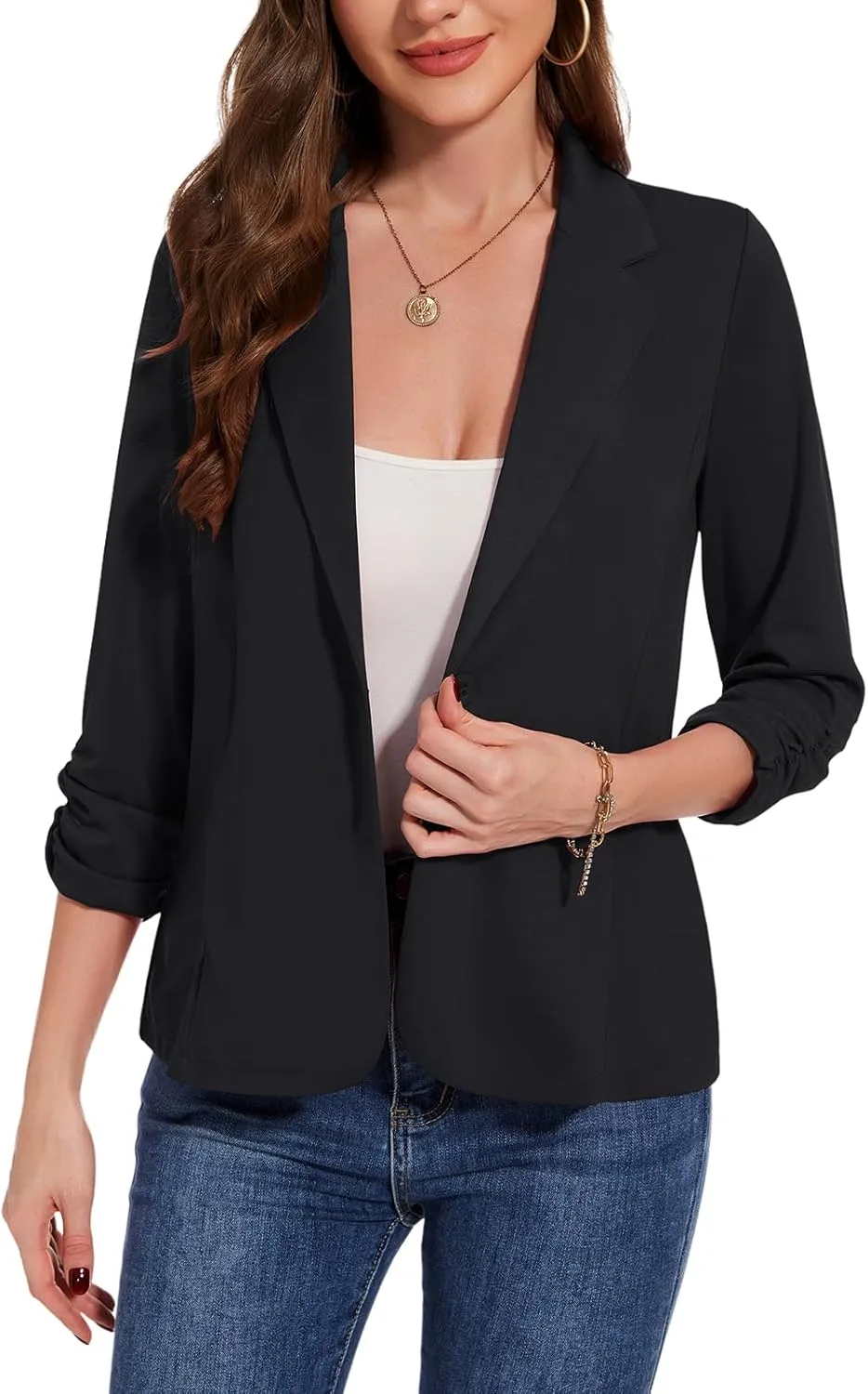 MINTLIMIT Blazers for Women Dressy Casual Ruched 3/4 Sleeve Lapel Button Work Office Cardigan Suit Jacket with Pockets