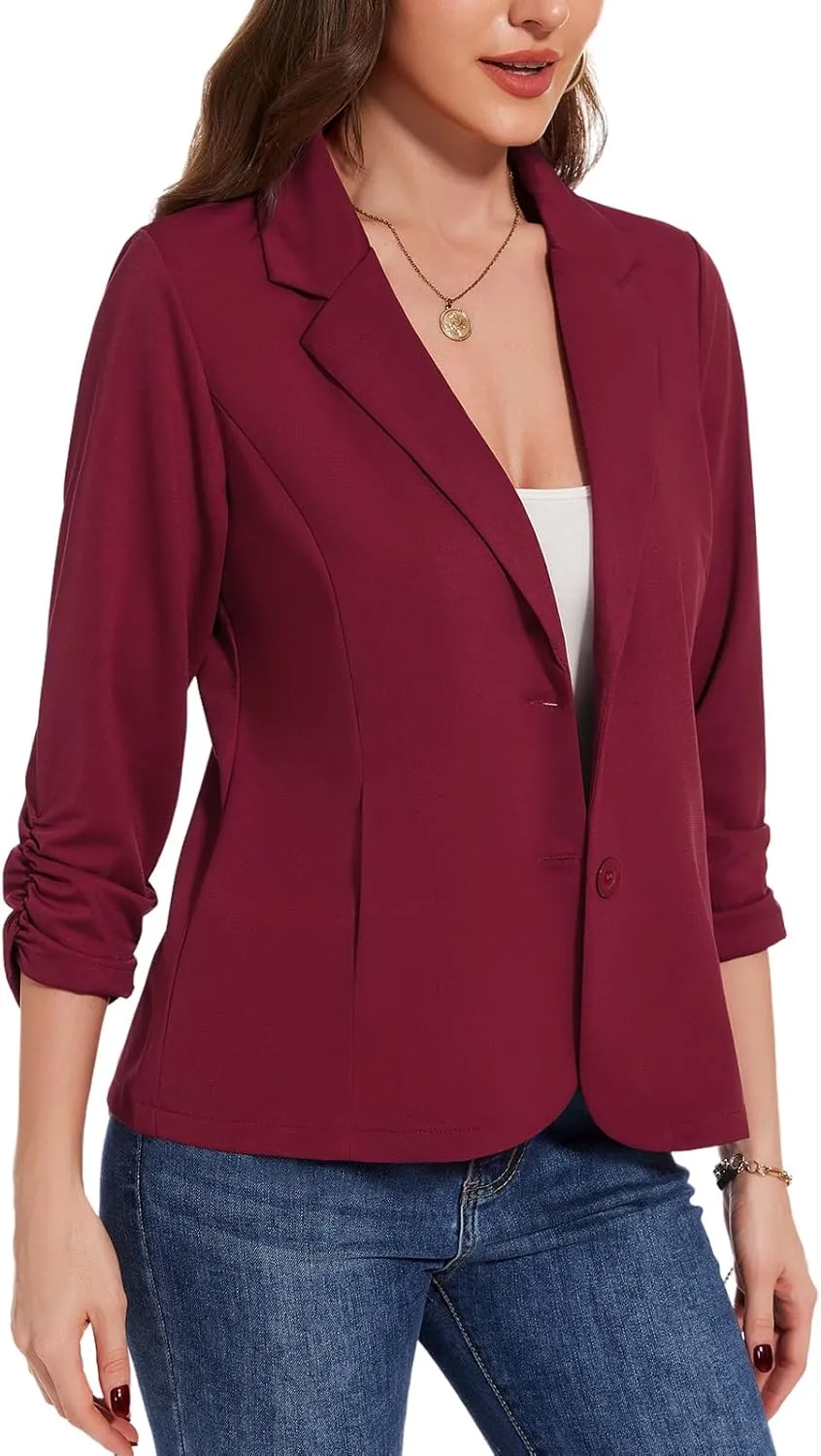 MINTLIMIT Blazers for Women Dressy Casual Ruched 3/4 Sleeve Lapel Button Work Office Cardigan Suit Jacket with Pockets