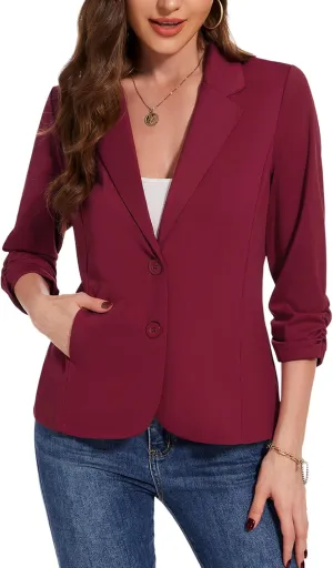 MINTLIMIT Blazers for Women Dressy Casual Ruched 3/4 Sleeve Lapel Button Work Office Cardigan Suit Jacket with Pockets