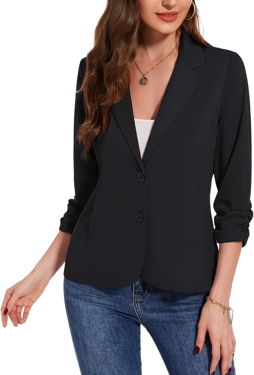 MINTLIMIT Blazers for Women Dressy Casual Ruched 3/4 Sleeve Lapel Button Work Office Cardigan Suit Jacket with Pockets