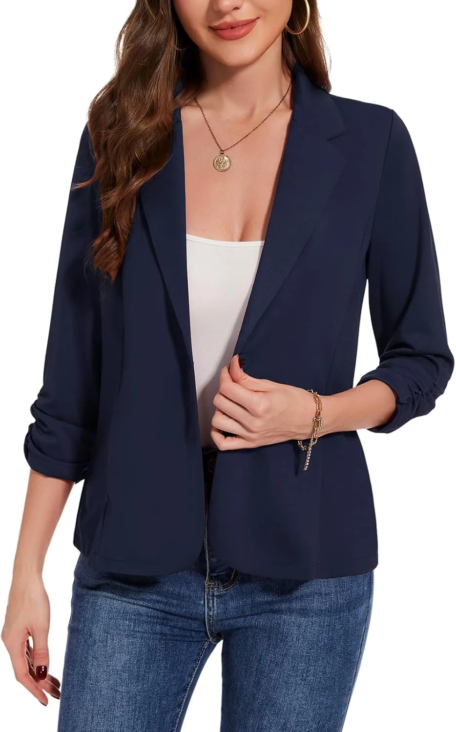 MINTLIMIT Blazers for Women Dressy Casual Ruched 3/4 Sleeve Lapel Button Work Office Cardigan Suit Jacket with Pockets