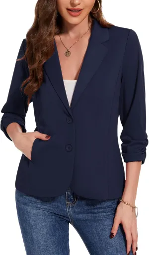 MINTLIMIT Blazers for Women Dressy Casual Ruched 3/4 Sleeve Lapel Button Work Office Cardigan Suit Jacket with Pockets