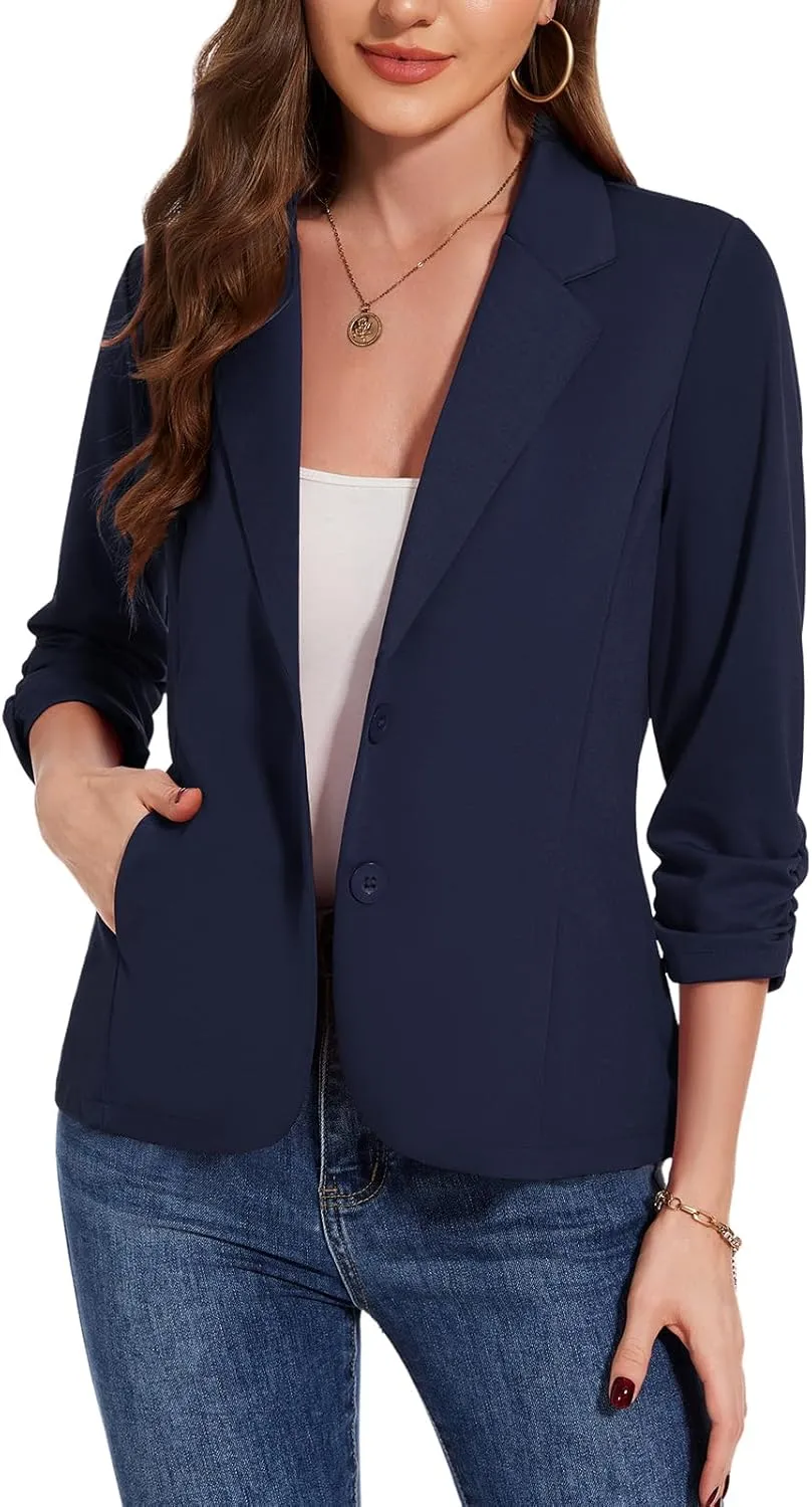 MINTLIMIT Blazers for Women Dressy Casual Ruched 3/4 Sleeve Lapel Button Work Office Cardigan Suit Jacket with Pockets