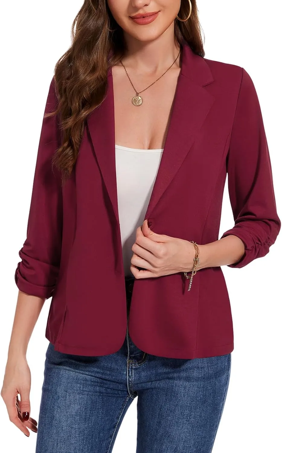 MINTLIMIT Blazers for Women Dressy Casual Ruched 3/4 Sleeve Lapel Button Work Office Cardigan Suit Jacket with Pockets