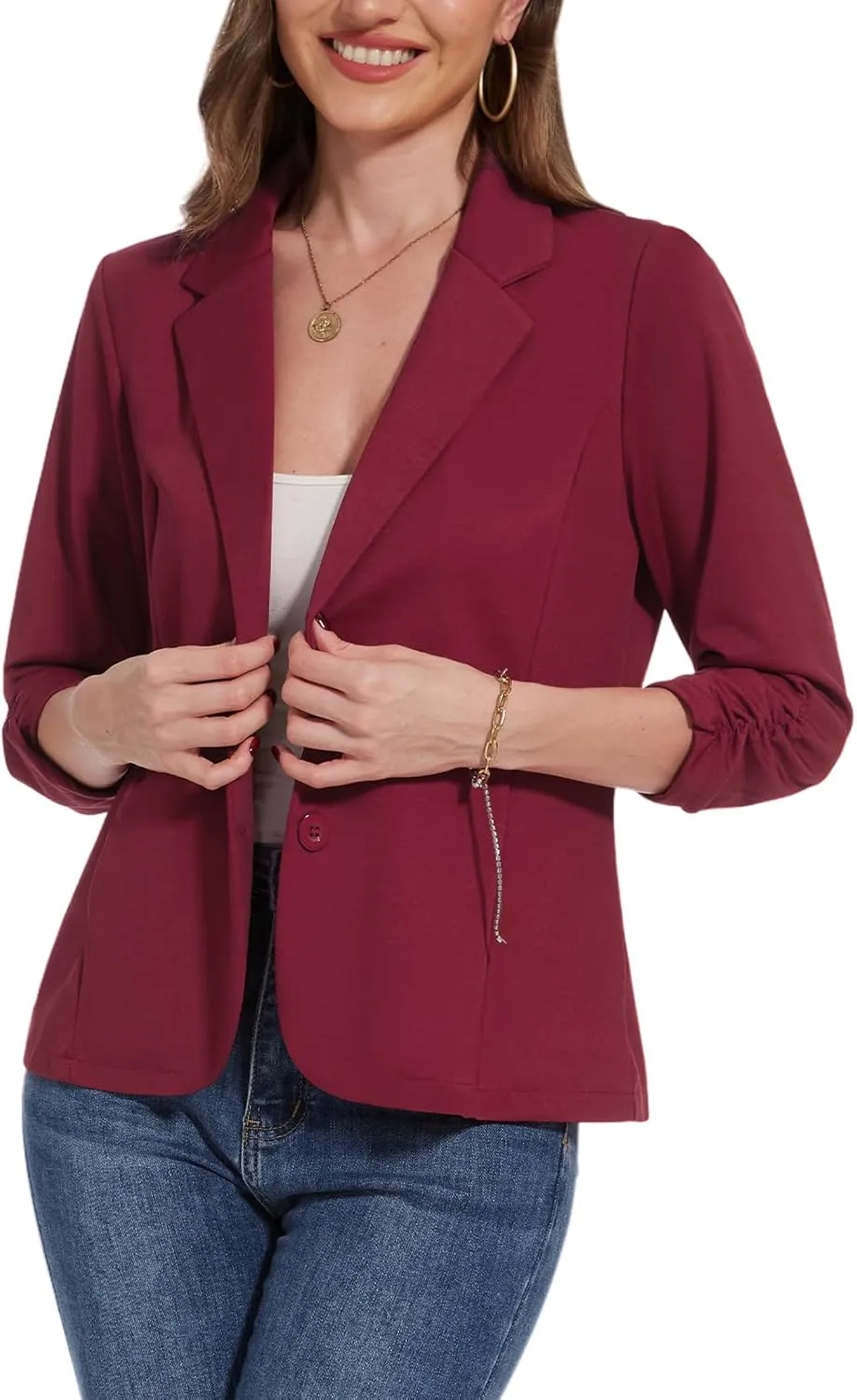 MINTLIMIT Blazers for Women Dressy Casual Ruched 3/4 Sleeve Lapel Button Work Office Cardigan Suit Jacket with Pockets