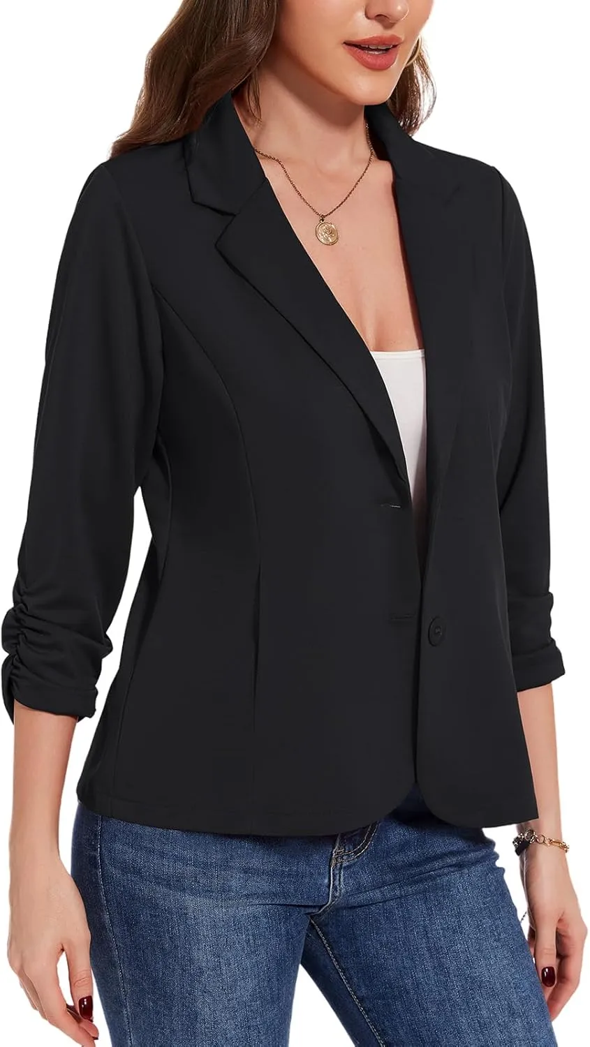 MINTLIMIT Blazers for Women Dressy Casual Ruched 3/4 Sleeve Lapel Button Work Office Cardigan Suit Jacket with Pockets