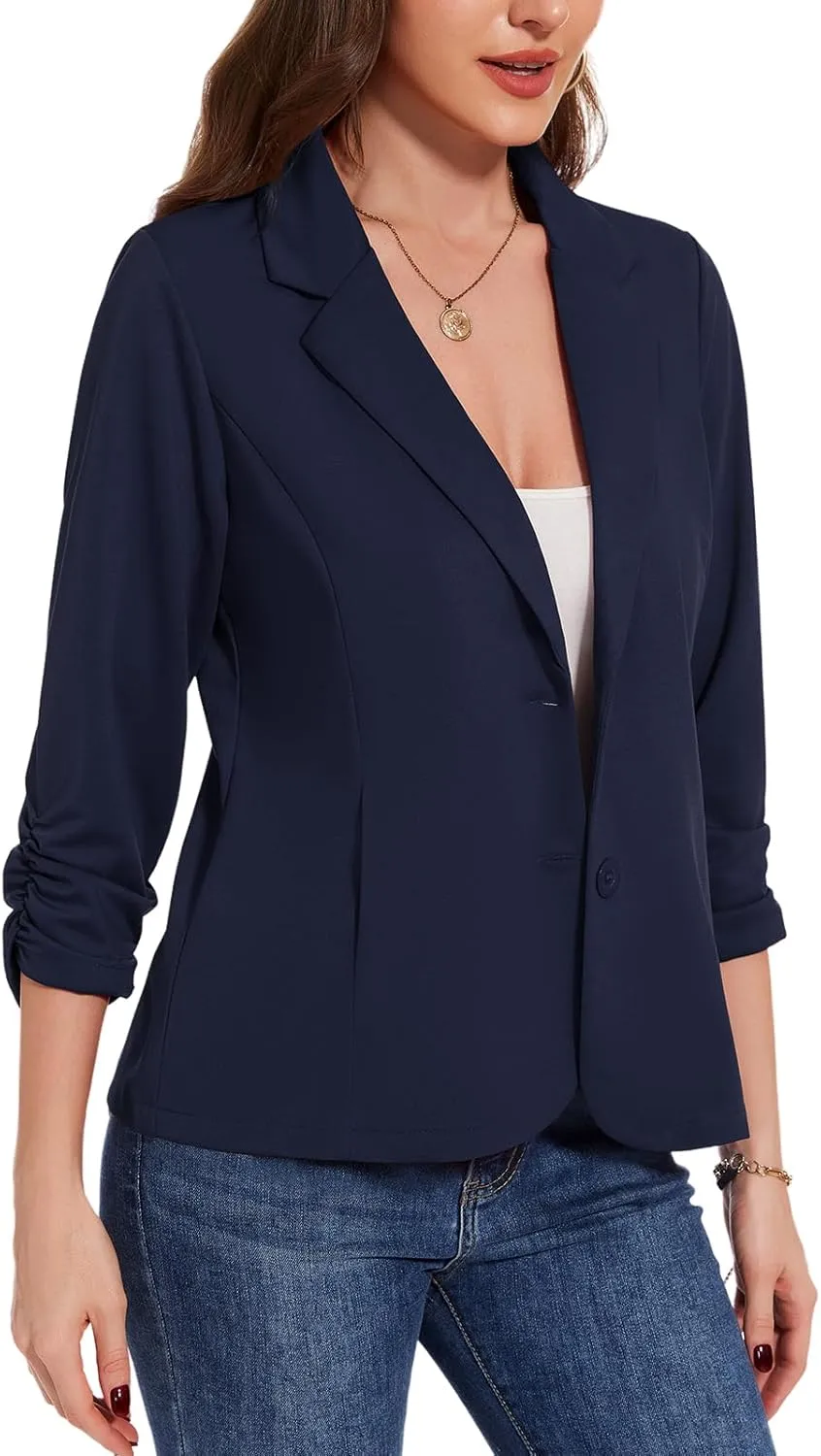 MINTLIMIT Blazers for Women Dressy Casual Ruched 3/4 Sleeve Lapel Button Work Office Cardigan Suit Jacket with Pockets