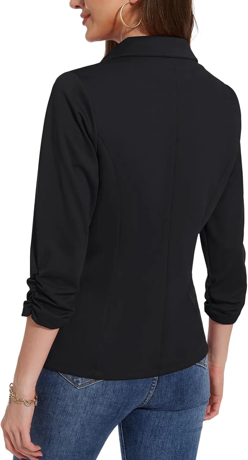 MINTLIMIT Blazers for Women Dressy Casual Ruched 3/4 Sleeve Lapel Button Work Office Cardigan Suit Jacket with Pockets
