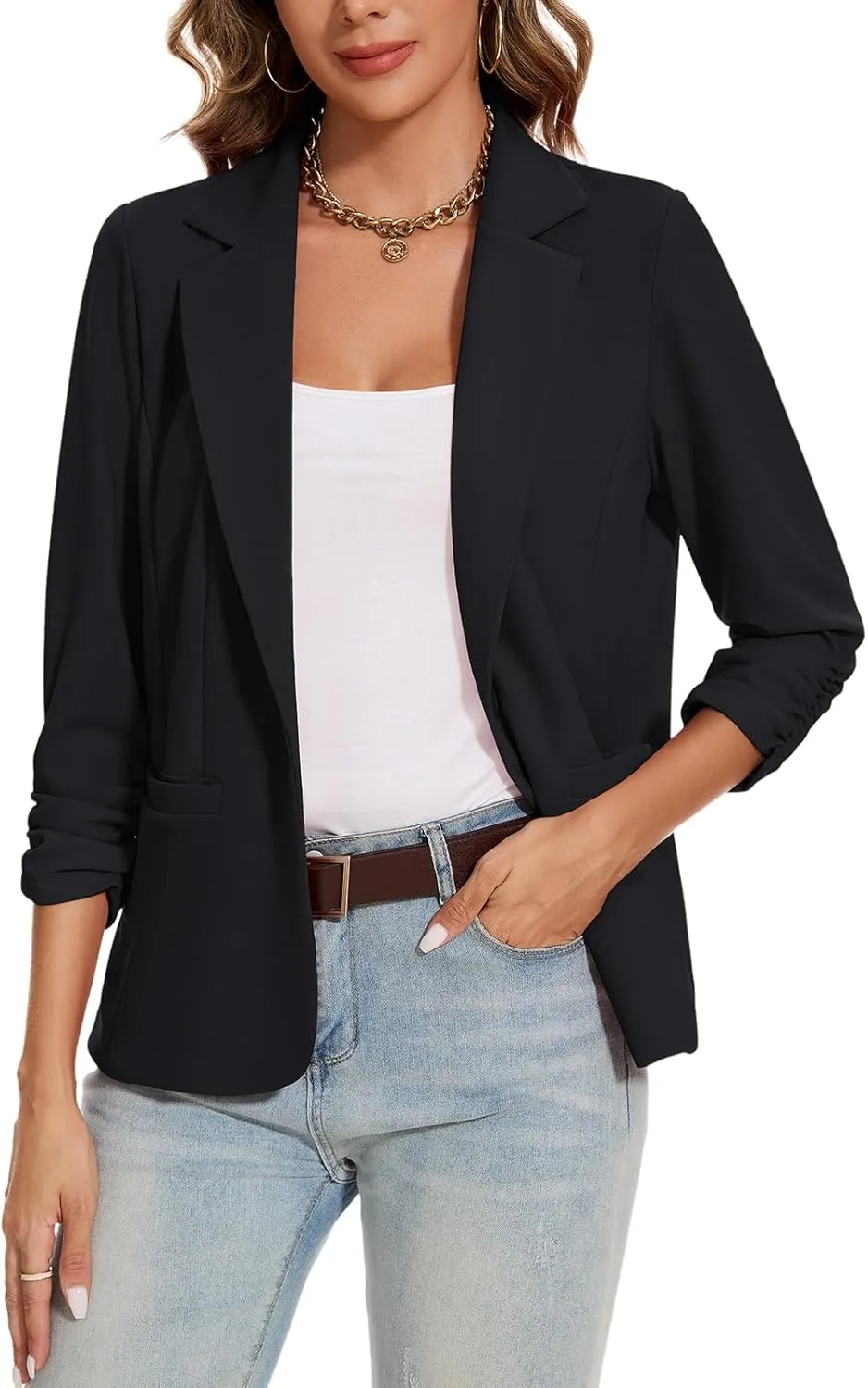 MINTLIMIT Blazers for Women Ruched 3/4 Sleeve Notch Lapel Button Front Blazer Casual Work Office Suit Jacket with Pocket