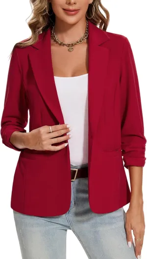 MINTLIMIT Blazers for Women Ruched 3/4 Sleeve Notch Lapel Button Front Blazer Casual Work Office Suit Jacket with Pocket