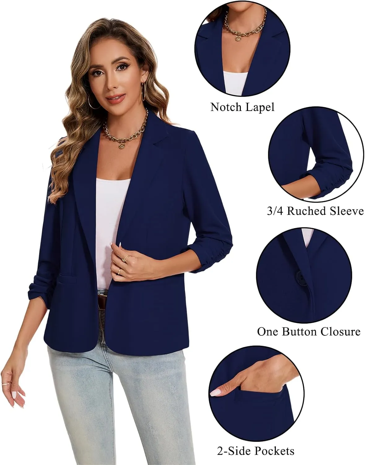 MINTLIMIT Blazers for Women Ruched 3/4 Sleeve Notch Lapel Button Front Blazer Casual Work Office Suit Jacket with Pocket