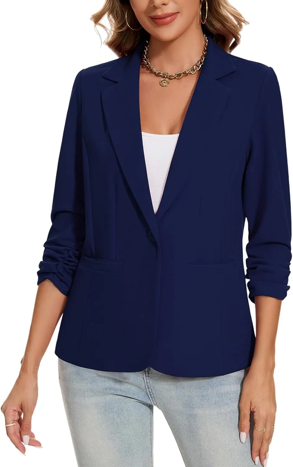 MINTLIMIT Blazers for Women Ruched 3/4 Sleeve Notch Lapel Button Front Blazer Casual Work Office Suit Jacket with Pocket
