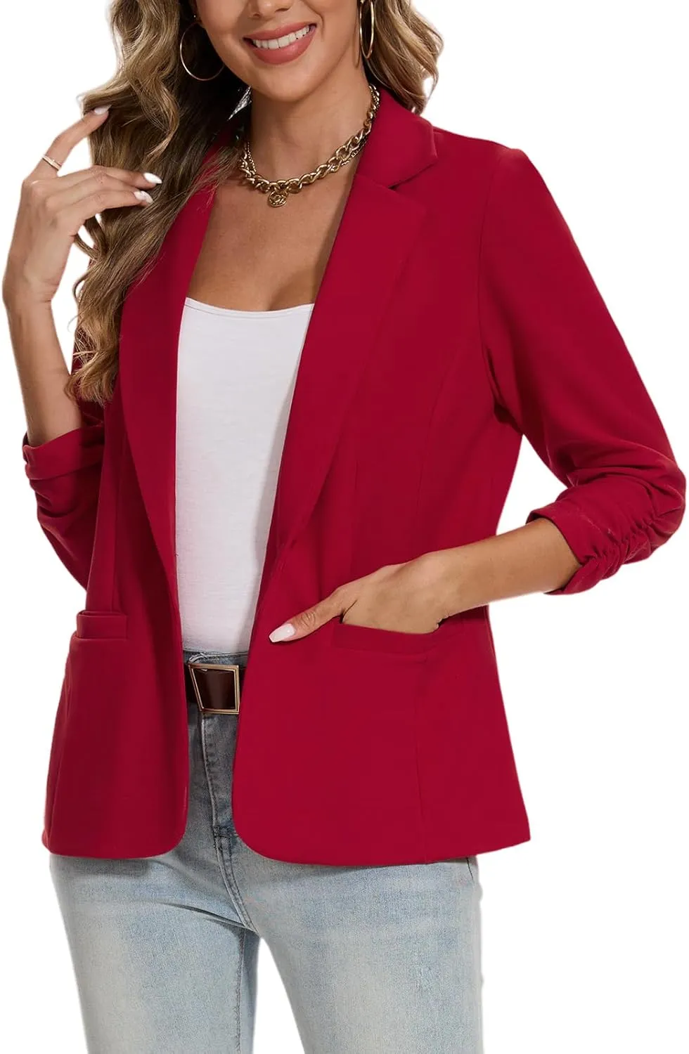 MINTLIMIT Blazers for Women Ruched 3/4 Sleeve Notch Lapel Button Front Blazer Casual Work Office Suit Jacket with Pocket
