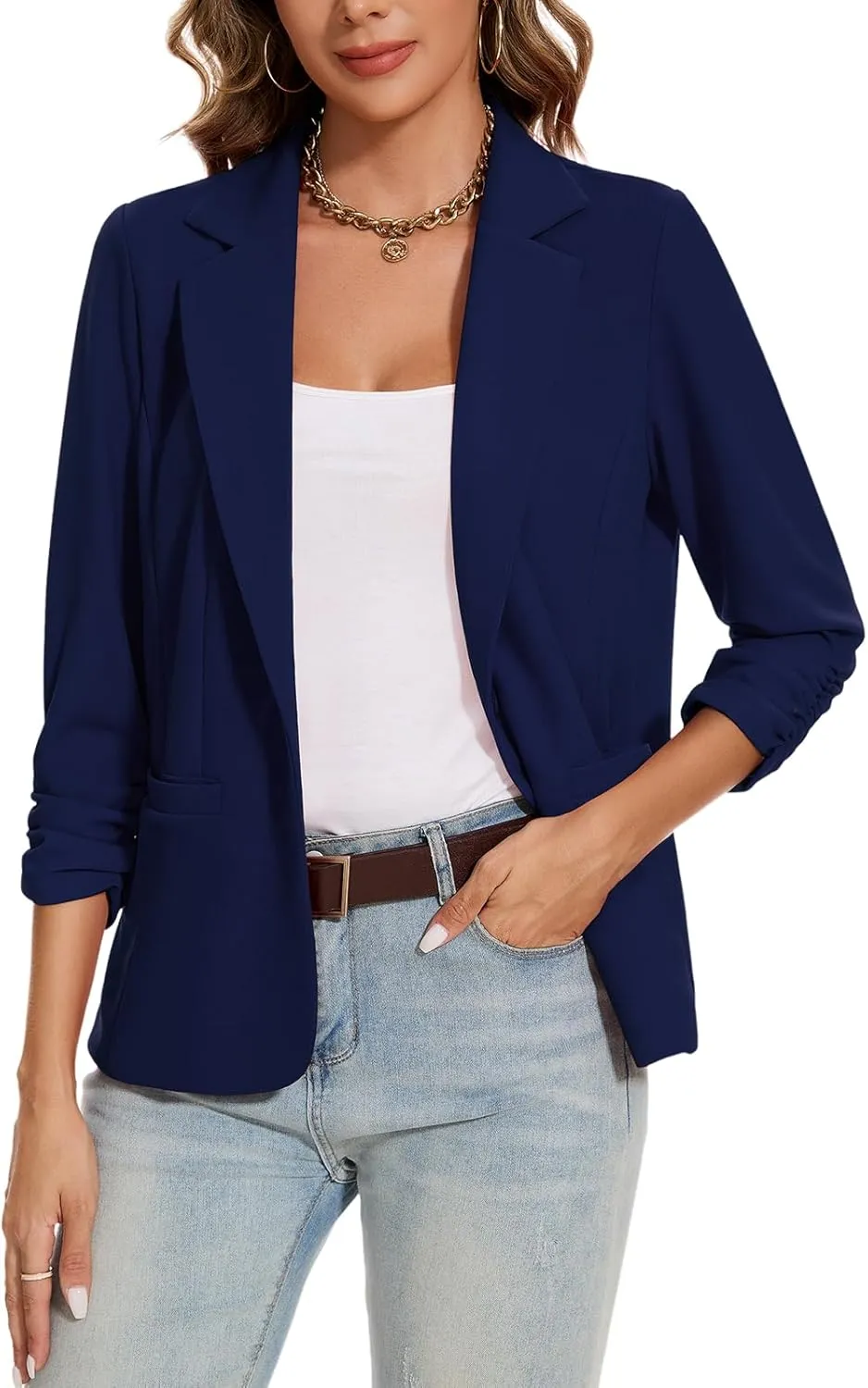 MINTLIMIT Blazers for Women Ruched 3/4 Sleeve Notch Lapel Button Front Blazer Casual Work Office Suit Jacket with Pocket